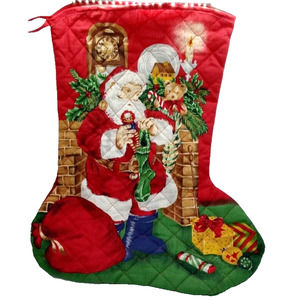 Vintage QUILTED Christmas Stocking SANTA w/ Presents Gifts - 17in Long